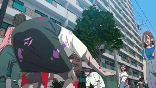 a group of zombies are gathered in front of a building that says gxt on the bottom
