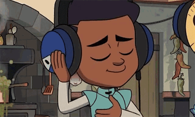 a cartoon character wearing headphones in a kitchen .