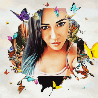 a painting of a woman with butterflies surrounding her