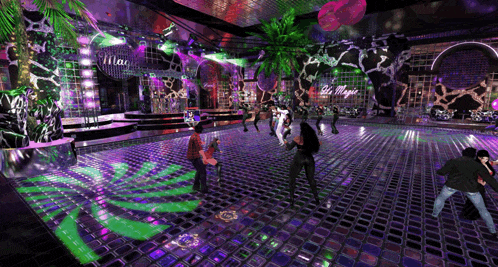 a group of people are dancing in front of a sign that says le magic