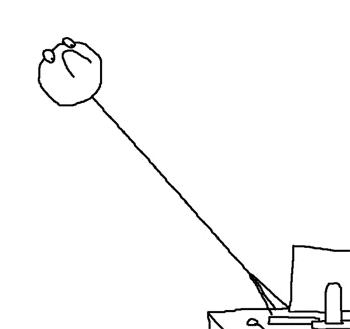 a black and white drawing of a stick figure throwing a ball at a computer screen .