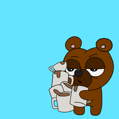 a cartoon bear holding a stack of cups of coffee