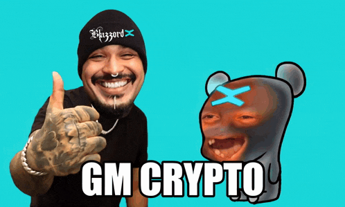 a man giving a thumbs up next to a cartoon bear with the words gm crypto on it
