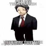 a man in a suit and tie is standing in front of a white background with a meme .