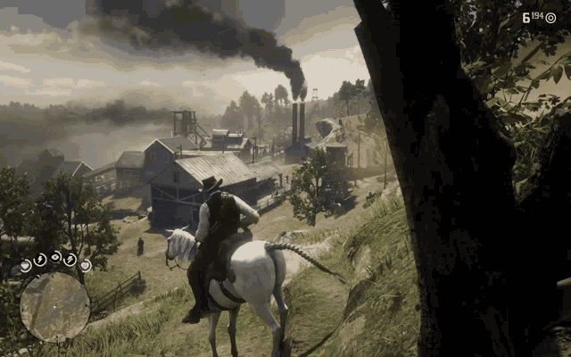 a man riding a white horse in a video game with the number 6 on the bottom left