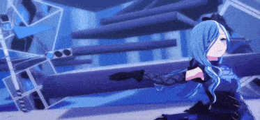 a girl with blue hair and black gloves is standing in a room with a blue background .