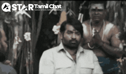 a man in a white shirt is standing in front of a group of men with the words star tamil chat on the bottom