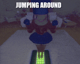 a girl jumping around in a living room with a keyboard in the foreground
