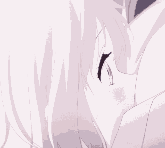 a close up of a girl 's face with a white hair