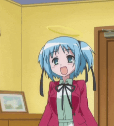 a girl with blue hair and a halo on her head is standing in a room