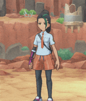 a girl in a white shirt and orange tie stands in a desert scene