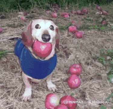 a dachshund wearing a blue sweater is holding an apple in its mouth