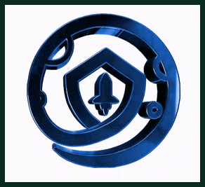 a blue logo with a shield and a rocket inside of it