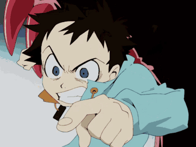 a cartoon character is pointing at the camera with a very angry look on his face