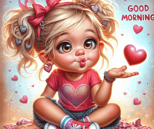 a little girl blowing a kiss with a heart in her hand and the words good morning on the bottom