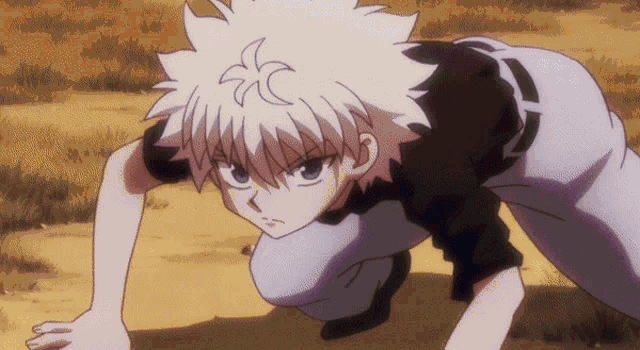 a cartoon character with white hair and a black shirt is crawling in the dirt
