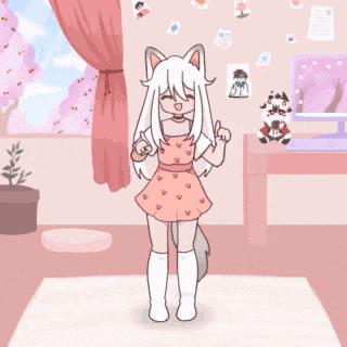 a girl in a pink dress and white boots is dancing in a pink room .