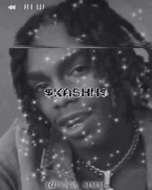 a black and white photo of a man with the words $ kashh $ written on it