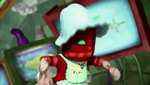 a cartoon character is wearing a white hat and a green eye