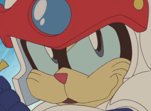 a cartoon cat is wearing a helmet with a blue eye
