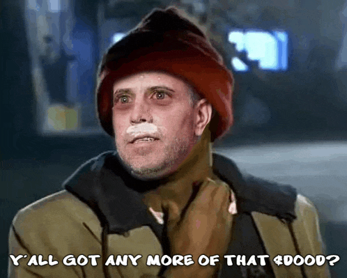 a man with a white patch on his nose is asking if he 's got any more of that 4000 dollars