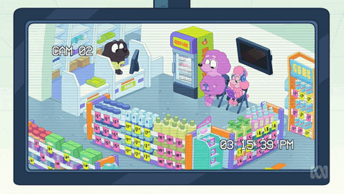 a cartoon drawing of a store with a fridge that says ' rescue ' on it