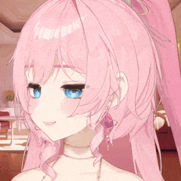 a girl with pink hair and blue eyes is wearing a necklace and earrings