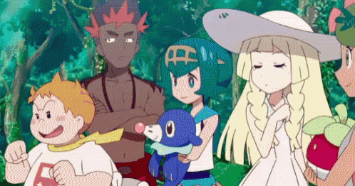 a group of cartoon characters are standing next to each other in the woods .