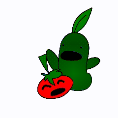 a cartoon of a green plant holding a red tomato with its mouth open