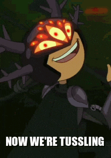 a cartoon character with glowing eyes and the words now we 're tussling on the bottom