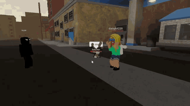 a girl in a green shirt is standing on a sidewalk in front of a building with the name daisyold220 written on it