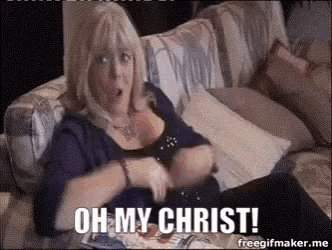 a woman is sitting on a couch with a surprised look on her face and the words `` oh my christ '' .