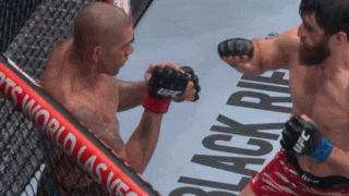 a fighter wearing ufc gloves throws a punch against another fighter