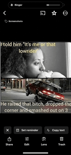 a black and white photo of a woman and a red car that says " i told him "