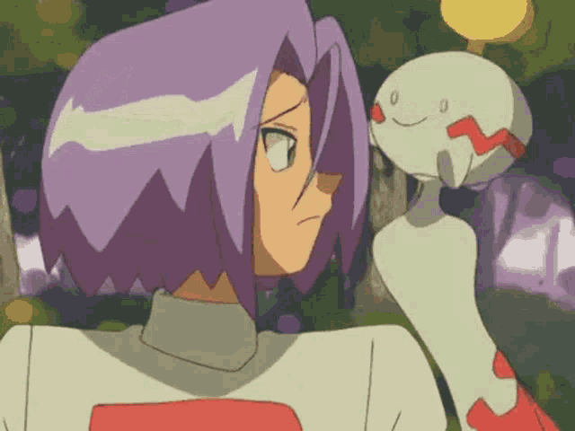 a cartoon character with purple hair is standing next to a cartoon character .