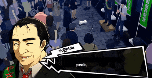 a man in a suit and bow tie says yoshida peak in front of a crowd