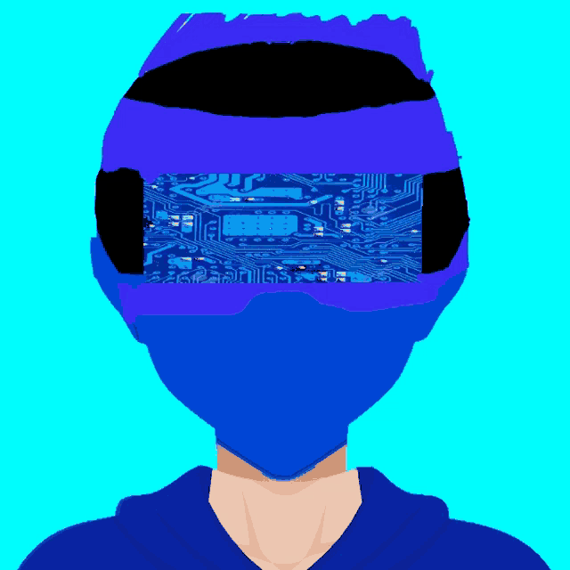 a drawing of a person wearing a blue helmet