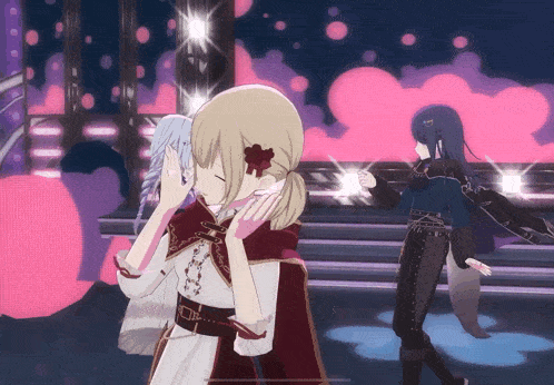 a girl in a red cape is kissing another girl in a video game
