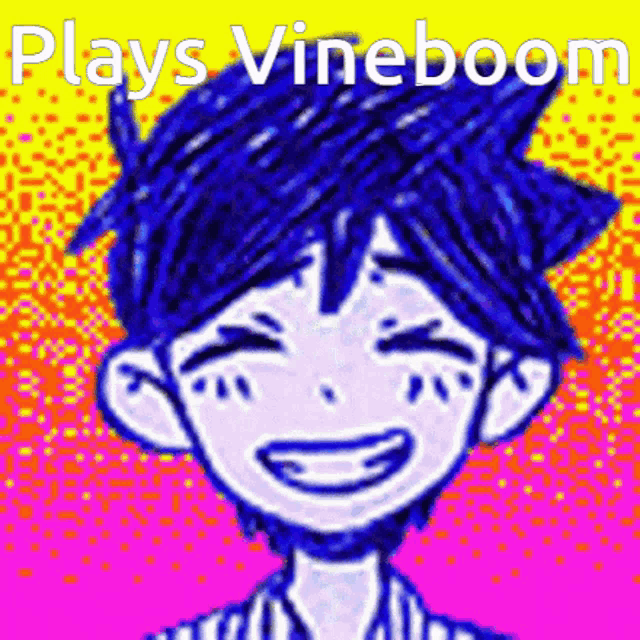 a drawing of a boy with blue hair and the words `` plays vineboom '' on the bottom .