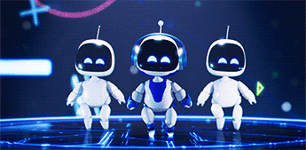 three robots are dancing on a stage with a triangle in the middle