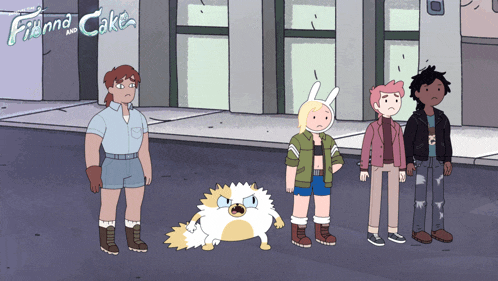 a group of cartoon characters are standing on a sidewalk with finna and cake written on the bottom