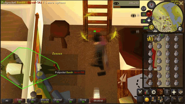 a screenshot of a video game shows a player named pickpocket bandit in a room