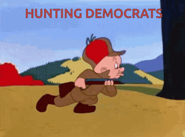 a cartoon of looney tunes running with a rifle and the words hunting democrats