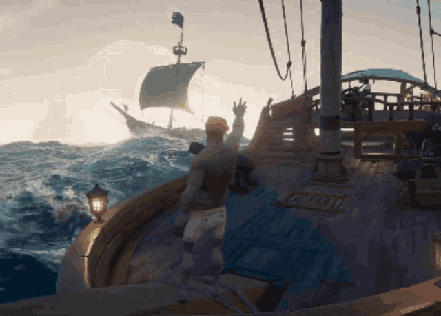 a man stands on the deck of a ship with the word pirate on the side