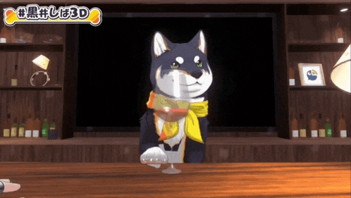 a black and white dog with a yellow scarf around its neck is holding a glass of wine