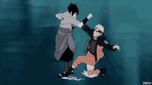 a cartoon of sasuke and naruto fighting with a caption that says tobiasc