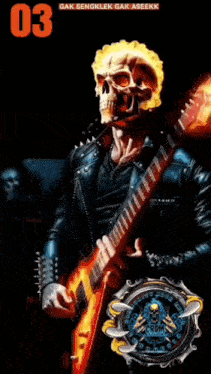 a poster of a ghost rider playing a guitar with the number 03 rest a on it