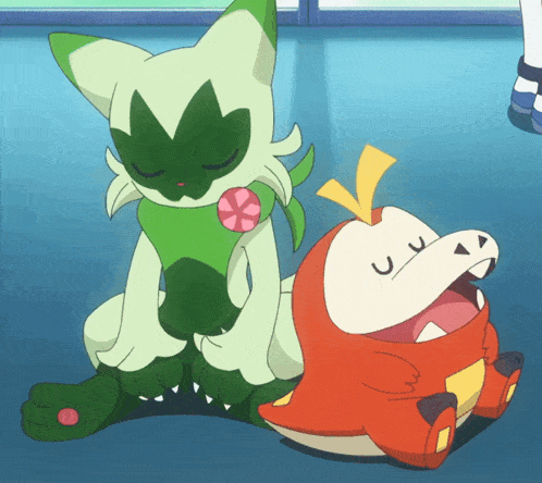 a cartoon drawing of a cat and a dinosaur with their eyes closed and their mouths open