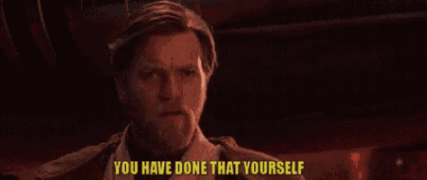 a man with a beard is saying `` you have done that yourself '' in a dark room .