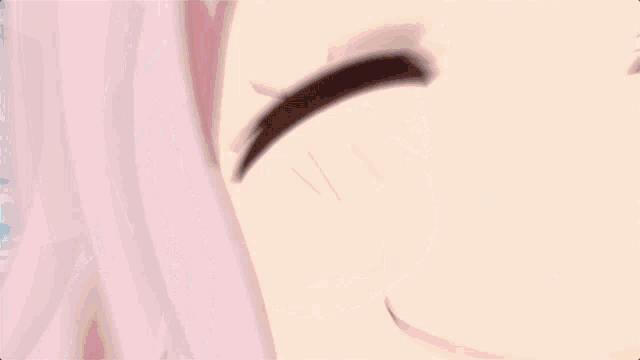 a cartoon girl with pink hair is smiling with the letters k and t behind her